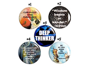 Wonder Quote Pin for Backpack or Fridge Magnet Set, Philosophy, Imagination, Backpack Pin or Magnet, 5 Pack, Deep Thinker Gift Set 1" P46-1