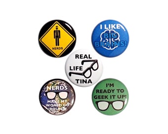 Nerd Buttons 5 Pins Pack of Backpack Jacket Pins or Fridge Magnets, Geeky Gifts, Nerdy Gift Set, 1 Inch #P53-4