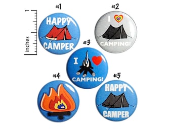 Camping Buttons, Backpack Pins, Campfire Pins, Camping Pin Button, Gifts For Cabin Campers, 5 Pack of Buttons, Camper Gift Set 1" #P8-2