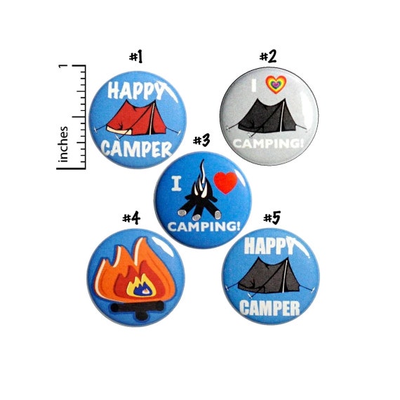 Camping Buttons or Fridge Magnets, Backpack Pins, Campfire Pins, Camping Pin Button or Refrigerator Magnet, 5 Pack, Camper Gift Set 1" #P8-2