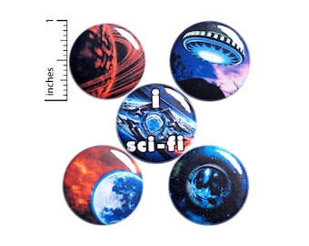 Space Pins, Planet Pins, Sci-Fi Buttons or Fridge Magnets - Pin for Backpack - Pinback or Magnet Set - Cool Gift - 5 Pack Set 1 Inch SP2-4