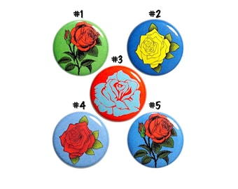 Rose Flower Pin-Backs, Set of Pins for Backpack, Rose Brooches, Pretty Vintage Style Brooch Pin Buttons, 5 Pack, 1 Inch, P75-2