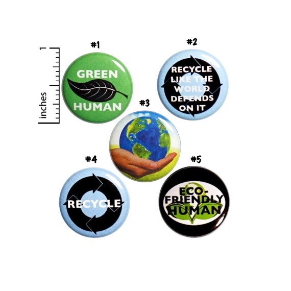 Recycling Buttons or Fridge Magnets // 5 Pack // Backpack Pins // Badges // Lapel Pins // Eco-Friendly // Earth Pins // Gift Set 1" #P9-1