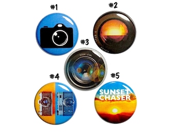 Photography Gifts, Vintage Style Camera Buttons, 5 Pack Backpack Pins, Cameras, Lens Pins, Sunset Pins, Pins, Photographer Gift Set 1" #P9-5