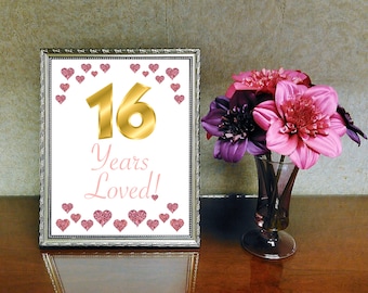 16th Birthday Sign, 16th Years Loved Sign, Sweet 16 Sign, Pink Glitter Stars Sign, Pink and Gold 16th Favors, Surprise, Sweet 16 Party Favor