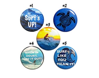 Surfer Pins Buttons or Fridge Magnets, Backpack Pins for Summer Surfing, 5 Pack, Pin Button or Magnet, Backpacking Gift Set 1" #P68-5