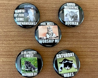 Funny Cat Meme Buttons or Fridge Magnets 5 Pack, 1 Inch, Sarcastic Caturday Backpack Pins Jacket Pins or Fridge Magnets, Shenanigans P64-5