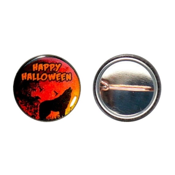 Happy Halloween Button or Fridge Magnet // Werewolf // Wolf // Orange // Spooky Sky // Party Favor // Pin or Magnet // 1 Inch