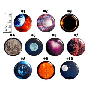 May include: Ten round space-themed buttons with different images of planets, stars, and galaxies. The buttons are numbered 1 through 10.