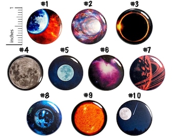 Outer Space Buttons or Fridge Magnets Moon Sun Planets Pins (10 Pack) Buttons Backpack Pins or Fridge Magnets, Cute Cool Gift Set 1” 10P22-1