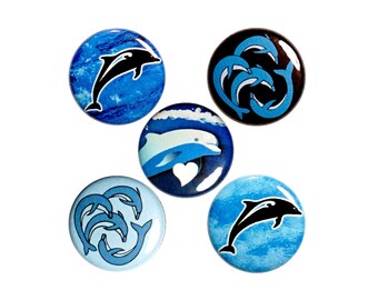 Dolphins Button Pin Set for Backpacks or Fridge Magnet Set, Dolphin Lover Gifts, Island Pin or Magnet 5 Pack, Gift Set, 1" #P52-4
