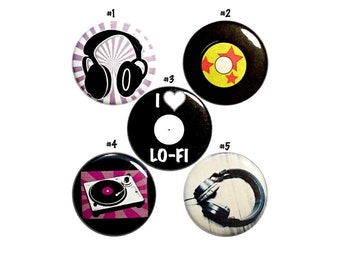 Music Pin Buttons or Fridge Magnets, Headphone Pins, Records Backpack Pin 5 Pack, Music Lover Fridge Magnets or Backpack Pins 1 Inch P60-5