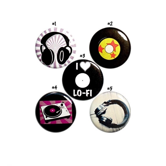 Music Pin Buttons or Fridge Magnets, Headphone Pins, Records Backpack Pin 5 Pack, Music Lover Fridge Magnets or Backpack Pins 1 Inch P60-5