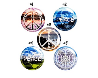 Peace Pin Buttons or Fridge Magnets, Backpack Pins, 5 Pack, Set of Buttons or Magnets, Gift Set, Pin Peace and Love Gift, 1 Inch #E1-5N