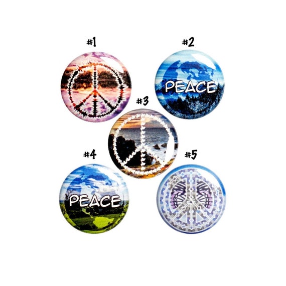 Peace Pin Buttons or Fridge Magnets, Backpack Pins, 5 Pack, Set of Buttons or Magnets, Gift Set, Pin Peace and Love Gift, 1 Inch #E1-5N