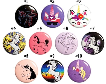 Unicorn Pins (10 Pack) Buttons or Fridge Magnets Party Favors, Gift Set 1" 10MP4-1