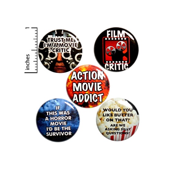 Movie Critic Pin for Backpack, Buttons or Fridge Magnets, Action Movies, Lapel Pins, Badges, Movie Fan Gift Set, 5 Pack 1" P34-5