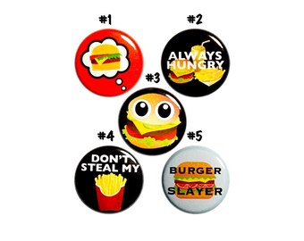 Burgers and Fries Pin for Backpack, Fast Food Themed Buttons , Cheeseburgers, French Fries, Pin 5 Pack, Pinback Gift Set, 1 Inch, P51-1