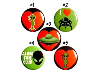 I Love Aliens Buttons Extra Terrestrials - Backpack Pins - UFO Pins - Lapel Pins - Alien Pin Buttons - 5 Pack - Alien Gift Set 1" #P55-3
