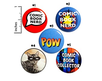 Comic Book Buttons or Fridge Magnets, Comic Nerd Gift Set, 5 Pack, Backpack Pins or Magnets, Funny, Birthday Gifts, 1 Inch, P14-5