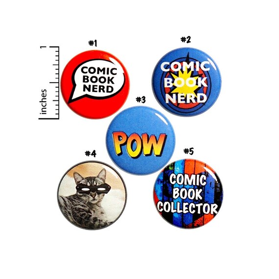 Comic Book Buttons or Fridge Magnets, Comic Nerd Gift Set, 5 Pack, Backpack Pins or Magnets, Funny, Birthday Gifts, 1 Inch, P14-5