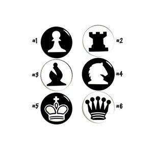 May include: Six black and white chess pieces on a white background. The pieces are numbered 1 through 6. The pieces are a pawn, a rook, a knight, a bishop, a king, and a queen.
