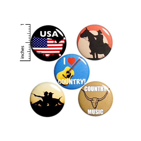 Country Pin for Backpack or Fridge Magnets, Buttons Pins for Jackets, Lapel Pins, USA, Country Music Pin, Badges, 5 Pack Gift Set 1" P45-2