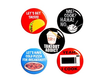 Funny Takeout Pin for Backpack, Buttons or Fridge Magnets, Tacos, Pizza, Chinese Food, Pin 5 Pack, Pinback Gift Set, 1 Inch, P54-5