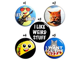 Weird Random Humor Gift, Backpack Pin Set of 5 Buttons or Fridge Magnets, Mustache Cat, Pizza, Tacos, Badges Funny, Cute Lapel Pins 1" P53-2