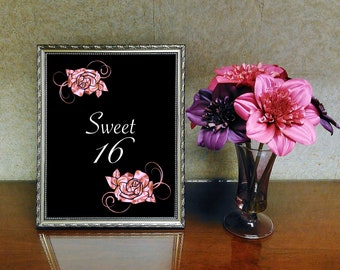Sweet 16 Sign, 16th Birthday Sign, Sweet 16 Poster, 16th Sign, Black and Pink, 16th Birthday Surprise, Sweet 16 Party Supplies, Pink Roses