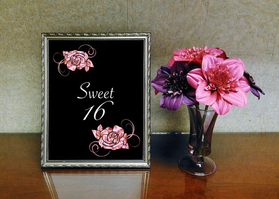 Sweet 16 Sign, 16th Birthday Sign, Sweet 16 Poster, 16th Sign, Black and Pink, 16th Birthday Surprise, Sweet 16 Party Supplies, Pink Roses