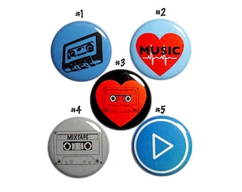 Cassette Tape Pin for Backpack 5 Pack Buttons, Lapel Pins, Vintage-Style Cassette Tape Pins, Cool Music Lover Gift , Musician Set 1" P12-5