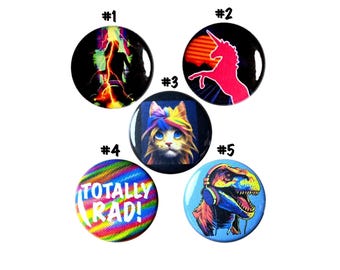 5 Sarcastic Buttons Pins, Lot of Retro 80's Vintage Style Buttons, Button Pin Cool Lot, Funny Punk Rock Cat, Dinosaur, 80s Rad Vibes Lot,