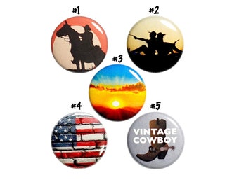 Cowboy Pin Buttons or Fridge Magnets, Western Pins Cowboy and Horse, USA Pin, Sunset, 5 Pack, Gift Set Magnets or Backpack Pins 1 Inch P67-4