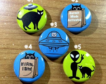 Introvert, Cats, and Aliens Pins for Backpack, Set of 5 Pins, 5 Pack of Buttons, Funny Cats, Weird, Quirky Pins, Cute Cat Gift Set 1" P78-5