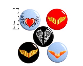 Heart Wings Pin for Backpack, Buttons or Fridge Magnets, Edgy, Tattoo Style, Rad, Cool, Wing Pin or Magnet 5 Pack, Gift Set, 1 Inch #P48-5