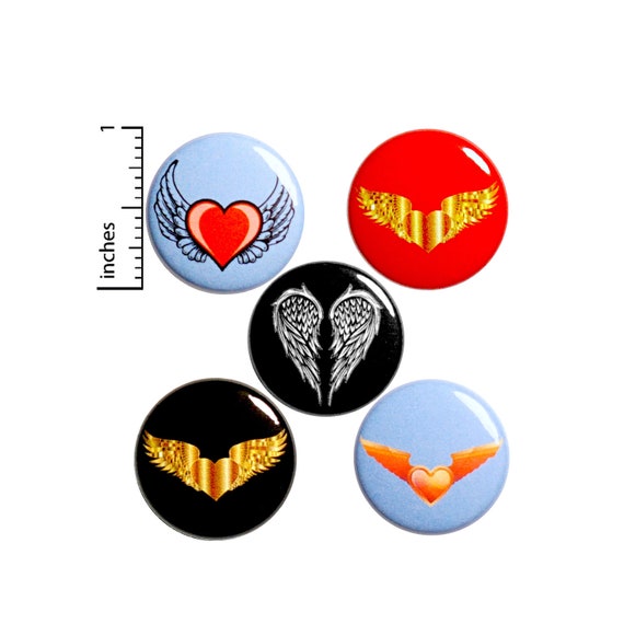 Heart Wings Pin for Backpack, Buttons or Fridge Magnets, Edgy, Tattoo Style, Rad, Cool, Wing Pin or Magnet 5 Pack, Gift Set, 1 Inch #P48-5