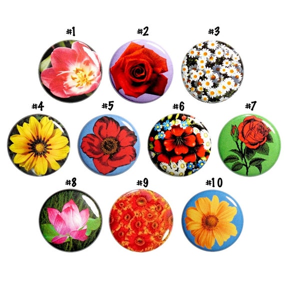 Pretty Flower Pins (10 Pack) Floral Buttons Lapel Pins or Fridge Magnets, Mother's Day Gift For Mom or Grandma, Gift Set 1 Inch 10P17-2