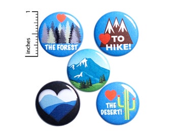 Hiking Pin Gift Set, Pins for Backpack Set of 5, Buttons or Fridge Magnets, Cute Jacket Lapel Pins, Pin-Backs, Hiker Backpack Pins 1" P49-3