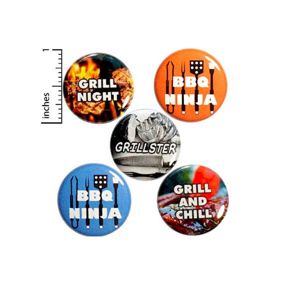 BBQ Grilling Gift Set for Dads or Moms, Buttons Set of 5 Pins for Aprons, Pin for Backpack, Jacket Lapel Pins, BBQ Ninja, 5 Pack 1" P31-3