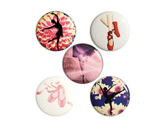 Dance Buttons Pins or Fridge Magnets, Pins For Dancers, Pink Purple Dance Pin Button Set, Flowers, Jazz, Tap, Ballet Pins 5 Pack 1" P64-3