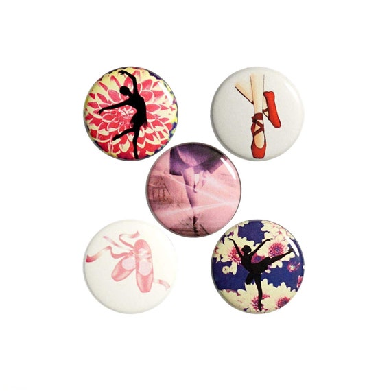 Dance Buttons Pins or Fridge Magnets, Pins For Dancers, Pink Purple Dance Pin Button Set, Flowers, Jazz, Tap, Ballet Pins 5 Pack 1" P64-3