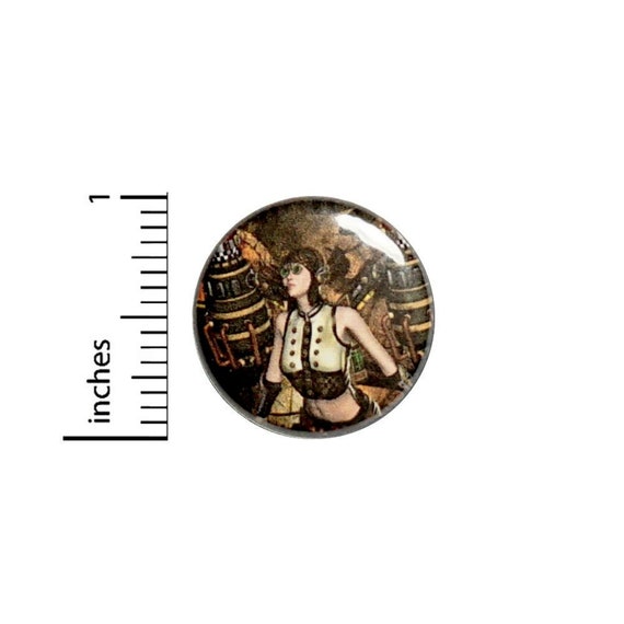 Steampunk Pinup Woman Button // Dieselpunk Pin// Backpack or Jacket badge pinback // 1 Inch 3-16