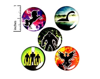 Creature Buttons or Fridge Magnets, Geeky Gift Set, Alien Button, Bigfoot Pin, Unicorn Pin, Nessie, Phoenix, Cool Creatures Gifts 1" #E2-2