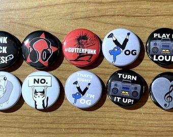 10 Buttons Pins, 80's 90's Vintage Style Pins, Punk Music Band Buttons, Hip Hop Buttons, Pop Culture, Music Pin Buttons Cool 1" Lot 41