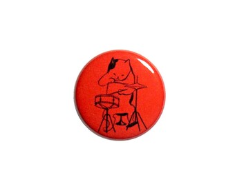Cute Cat Drummer Pin Button or Fridge Refrigerator Magnet Sarcastic Magnet or Button, Cat In a Band, Cat Drumming Pin or Magnet 1 Inch #42-1