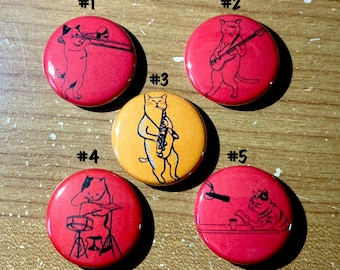 Cats Playing Music Pin for Backpack Set of 5 Pins, 5 Pack of Buttons, Cat DJ, Cat Drummer, Cat Playing Guitar, Cats Jazz, Gift Set 1" P78-4