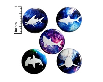 Space Sharks Buttons or Fridge Magnets - Space Pins - Pin for Backpack - Pinbacks or Magnets - Outer Space Gift - 5 Pack Set 1 Inch SP1-1