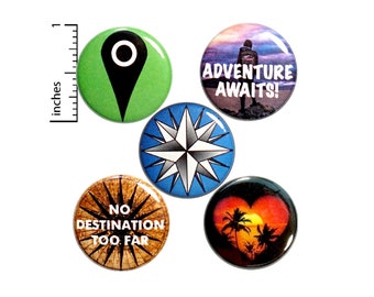 Travel Buttons 5 Pack of Backpack Pins or Fridge Magnets Lapel Pins Brooches Badges Cute Accessories Pin Drop Button Traveler Gifts 1" P27-2