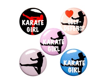 Karate Girl Pin for Backpack, I Love Karate Self Defense Buttons or Fridge Magnets, Lapel Pins, 5 Pack, Tough Girl Lady Gift Set,  1" #P26-4
